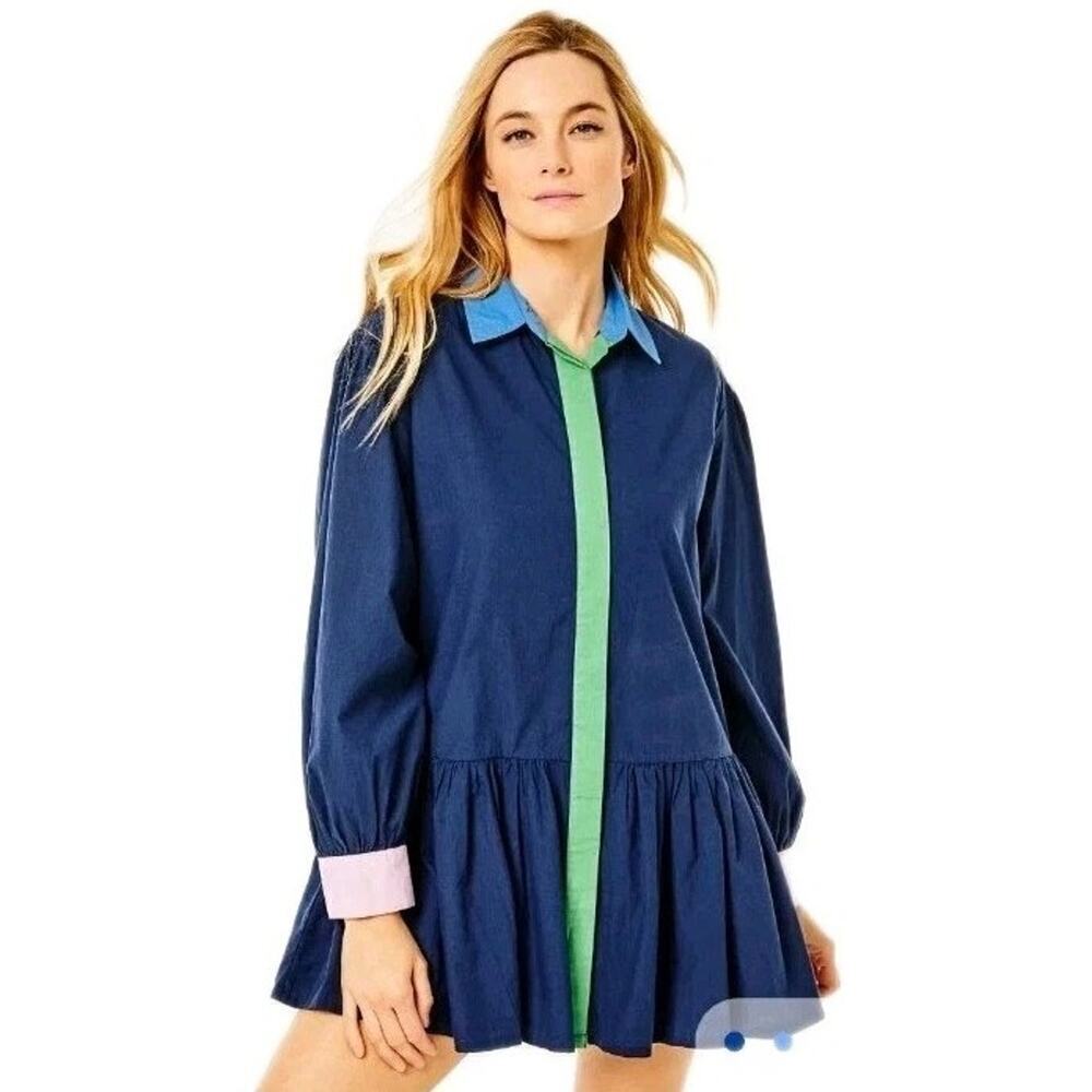 Addison Bay Cotton Poplin Dress Collared Neckline Peplum Drop Waist Size M